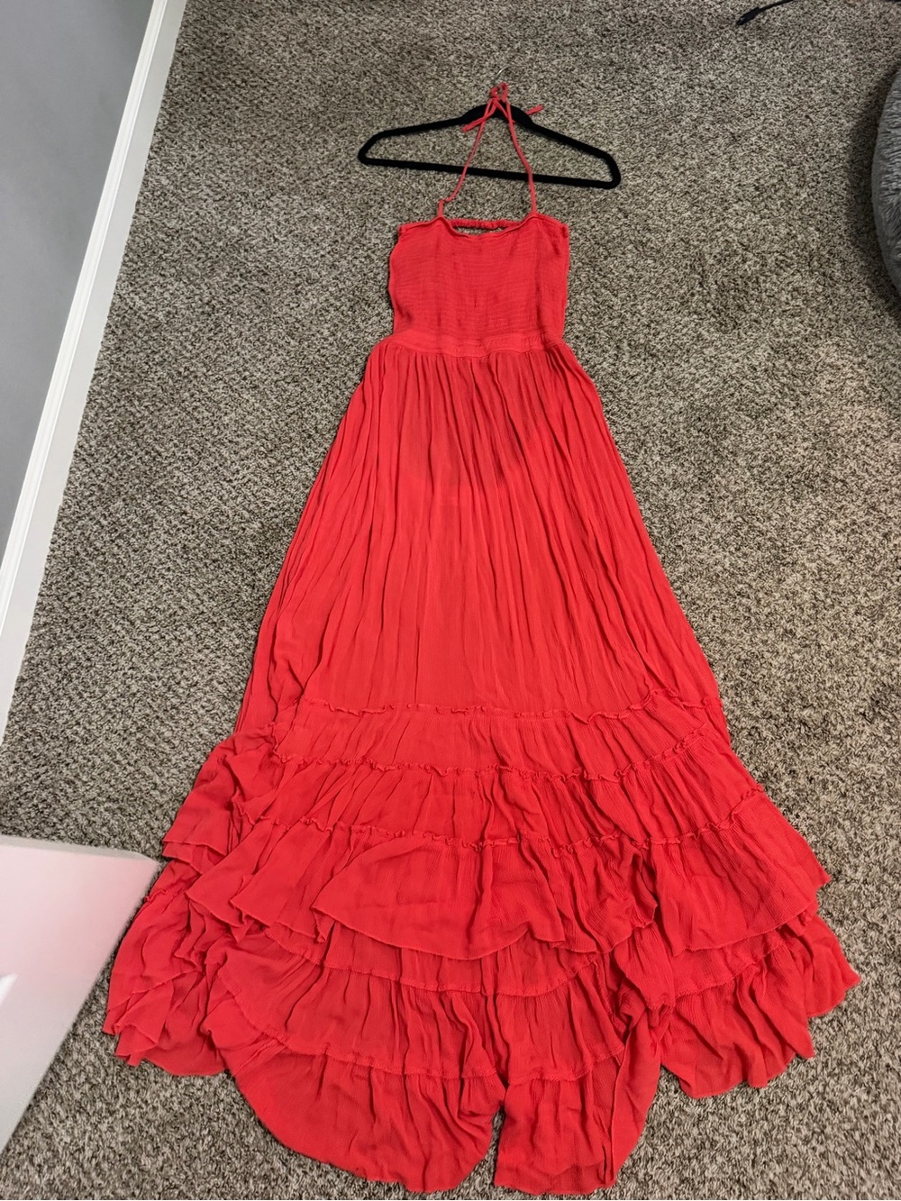 Red Halter Maxi Dress with Ruffled Tiered Skirt